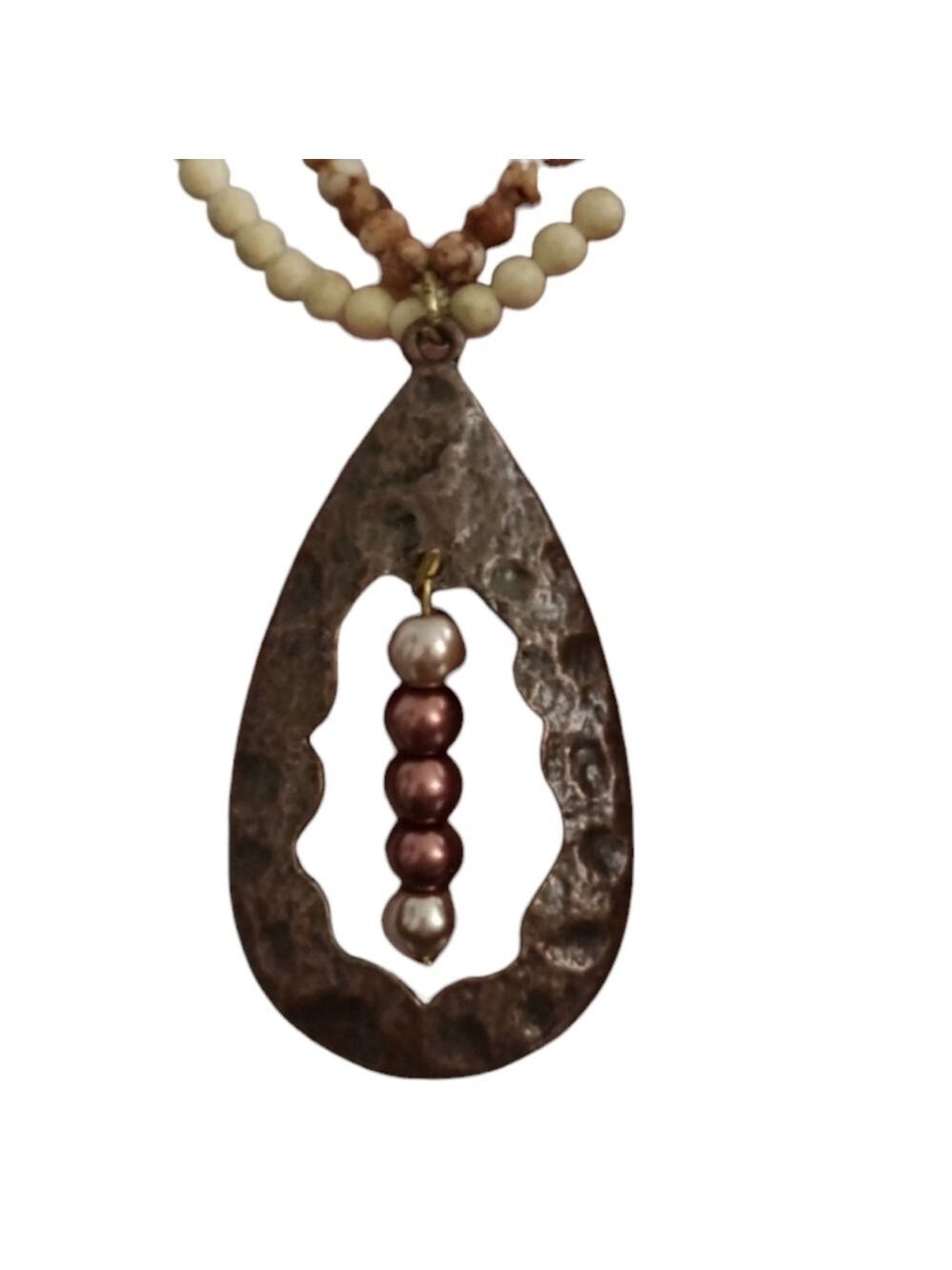 Brown and Cream Beaded Necklace with Teardrop Pendant